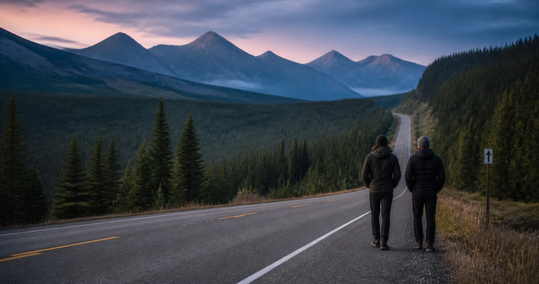 Two collaborators walking north along a mountain road in British Columbia at dawn